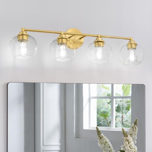 Image of Brushed Gold Bathroom Light Fixtures,4-Light Vanity Lights with Clear Glass,Mid Century Modern Bathroom Light Fixture Over Mirror