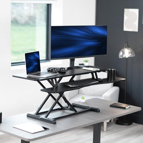 Image of VIVO 48 inch Desk Converter, K Series, Height Adjustable Sit to Stand Riser, Dual Monitor and Laptop Workstation with Wide Keyboard Tray, Black, DESK-V048KB