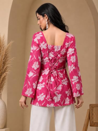 Image of Rayon Floral Print Short Kurti for Women | Square Neck Long Sleeve Top for Women | Criss Cross Back Desing Kurti | Soft Breathable Fabric | Relaxed Fit | Casual and Office Wear