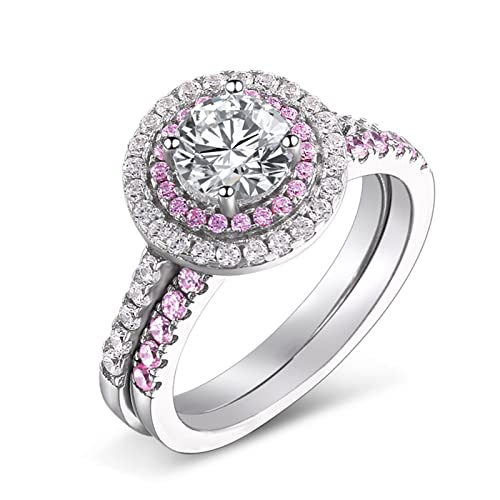 Bague femme en argent avec 2 anneaux et halo rose, l'excellence KnSam