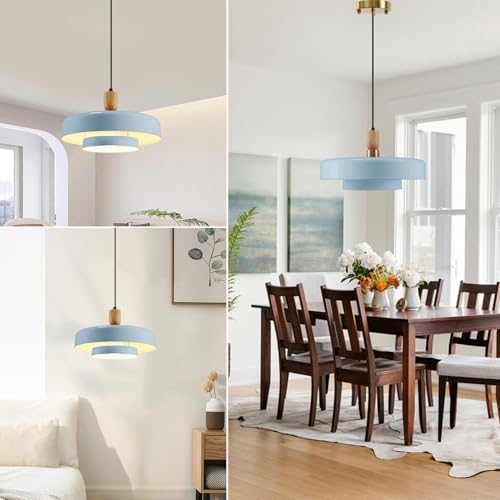 Image of Light Blue Pendant Light, Mid-Century Modern Wood Hanging Lamp | Adjustable 59 inch Cord, Fits Flat / Sloped Ceilings, E26 Socket, Ideal For Kitchens, Dining Rooms, Bedrooms, Living Rooms