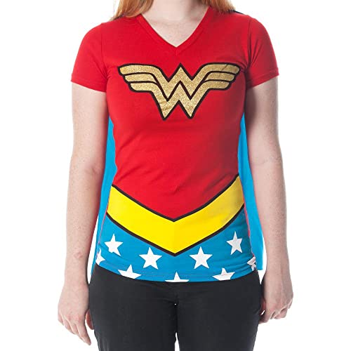 Wonder Woman Glitter Logo Juniors Costume Cosplay Cape T-Shirt Tee Shirt DC Comic (Medium) Red