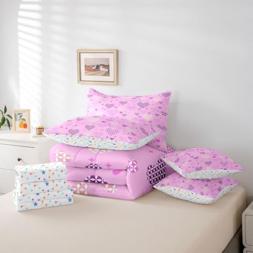 Image of Erosebridal Love and Heart 7 Pcs Bedding Set Cute Heart Pattern Queen Comforter Set for Girls Kids Purple Valentine Bed in A Bag with Flat and Fitted Sheet Love Geometric Bed Set
