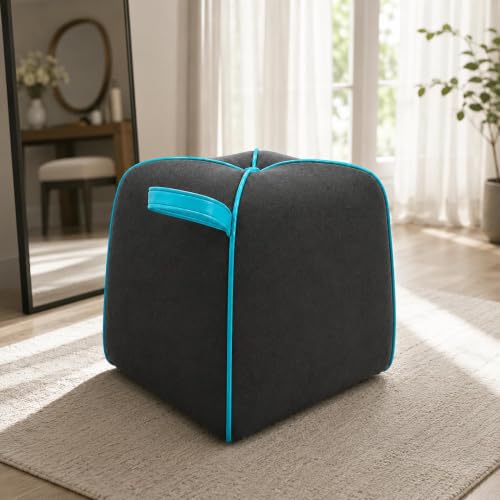 Image of FURNY Signature Regalia Suri Accent Pouf | Boston Fabric | 40D High-Density Foam | (Ash Grey with Ocean Blue Piping) | Footrest, Vanity Ottoman & Accent Seat for Home, Office & Hotel