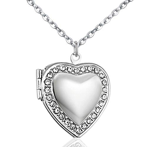 YOUFENG Love Heart Locket Necklace Holds Pictures Paved Blue Red White CZ Rose