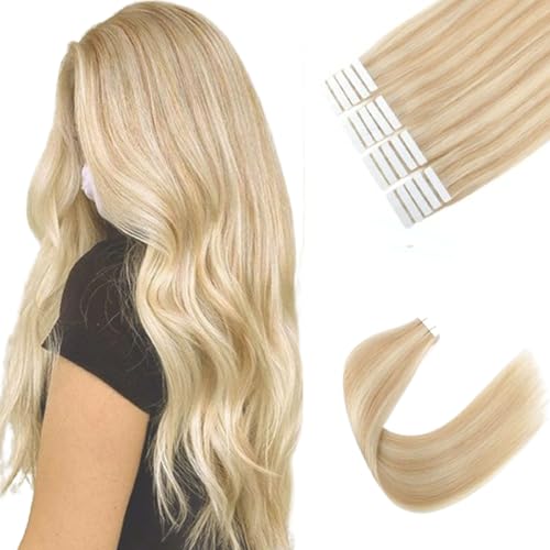 Image of Sixstarhair Highlighted Tape In Human Hair Extensions Seamless Skin Weft Hair Extensions with Dirty Blonde and Platinum Blonde Hair Extensions Double Sided Tapes P18-613# 20inch