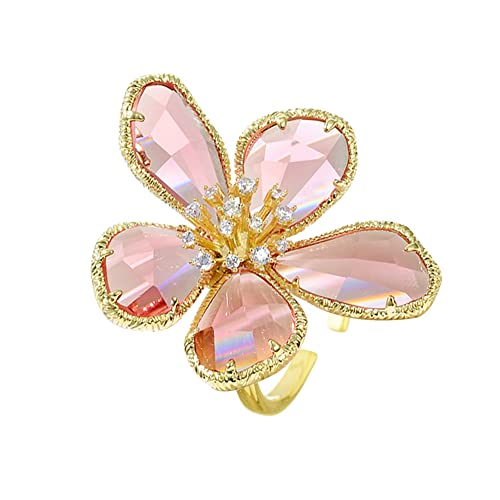 Dtja Shiny Crystal Flower Statement Ring for Women Girls Gold Plated Bling CZ Delicate Lightweight Adjustable Expandable Open Wrap Finger Rings Comfort Fit Boho Y2K Jewelry Wedding Birthday Christmas