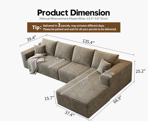 Image of 135.4 inch Cloud Modular Sectional Sofa Couch with L-Shape Chaise,Modern Minimalist Upholstered Couches for Living Room Bedroom,Deep Seat Corner Couch,No Assembly Required (Camel,Right Facing Chaise)