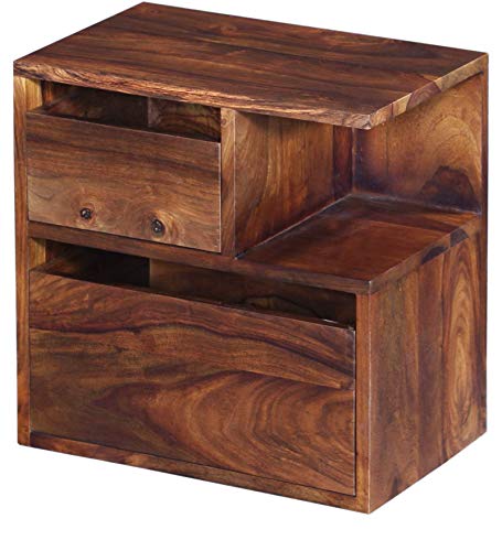 Image of DEMIWALL Solid Sheesham Wood Bedside Table | Wooden Bed Side Tables with Drawer | Nightstand Side Table for Bedroom | Night Stand End Table with 2 Drawers & Shelf Storage for Home | Teak Brown Finish
