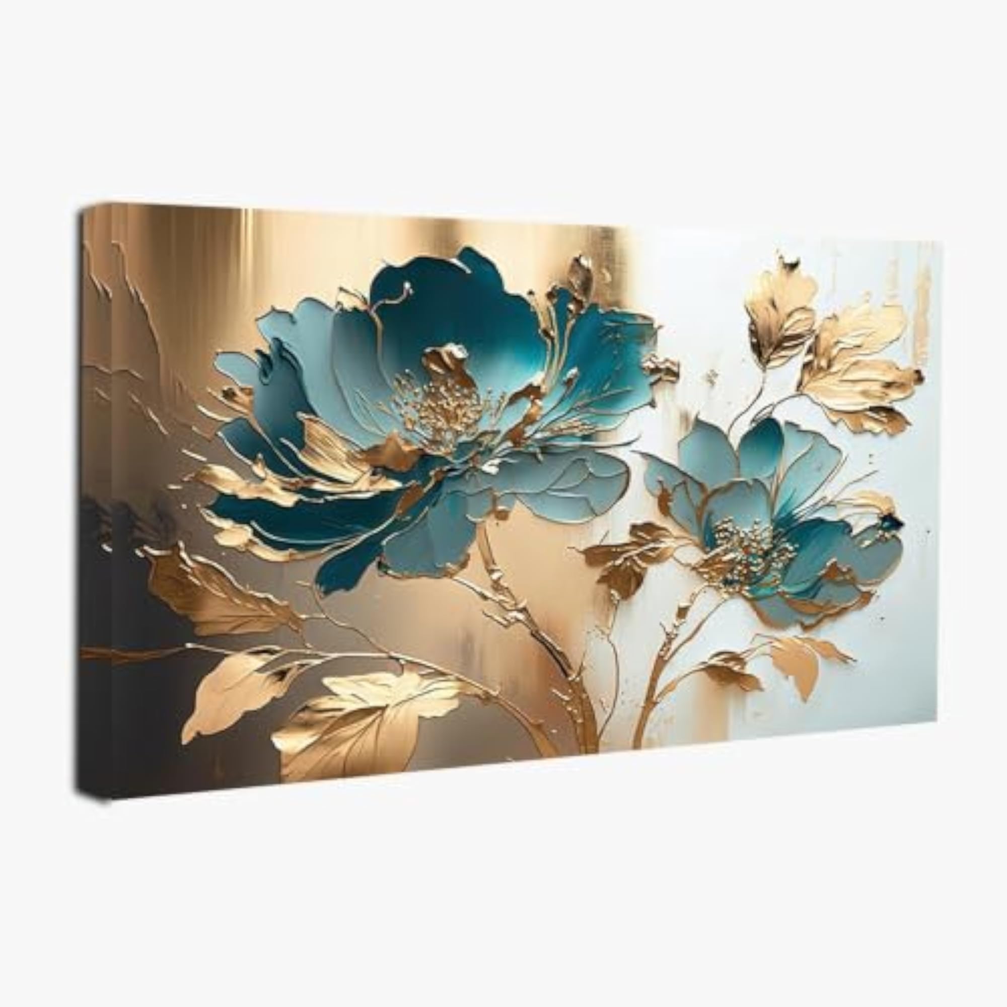 3D-Textured Teal Blue and Gold Floral Canvas Wall Art