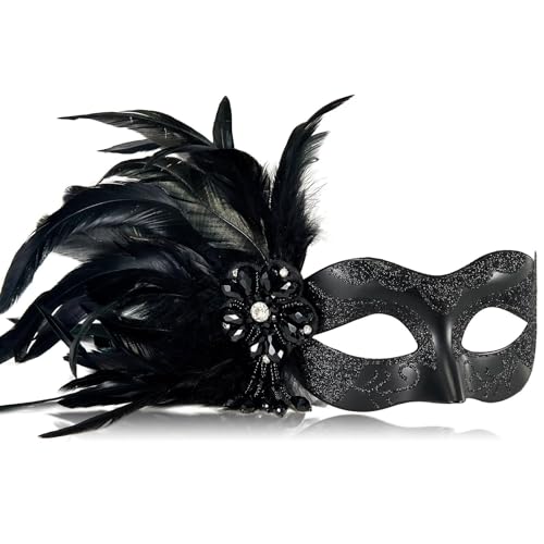 MYSEUNI 2025 New Black Masquerade Masks for Women with Feathers - Womens Mascarade Venetian Mask for Masquerade Party, Mardi Gras, Halloween Cosplay Prom, Christmas