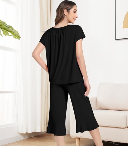 Image of NACHILA Pajamas for Women-Viscose Made from Bamboo,Short Sleeve Sleepwear Cooling Pjs Top with Capri Pants Pajama Sets