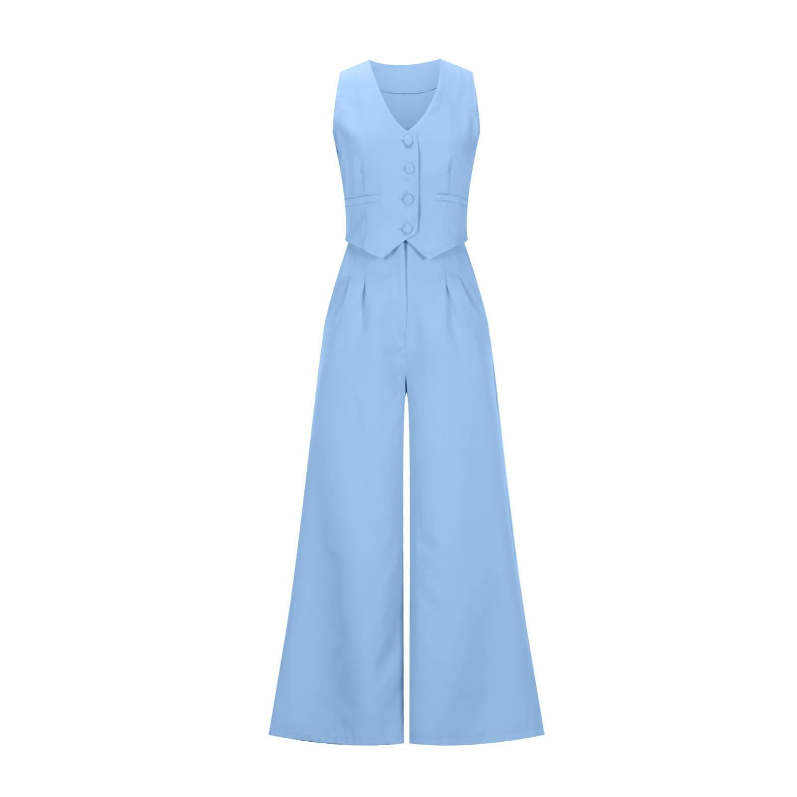 Generisch Tuta da donna in 2 pezzi, con scollo a V, senza maniche, blazer e pantaloni larghi, elegante, per ufficio e matrimonio