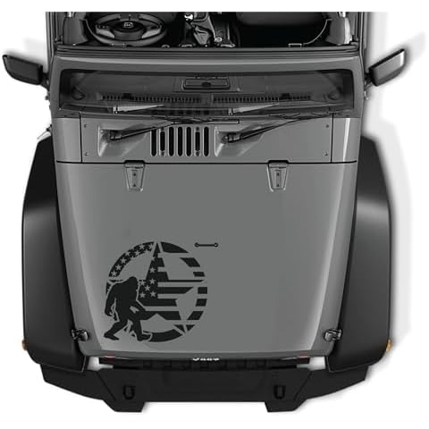 AnyStickerYouWant - Sasquatch Bigfoot American Flag Army Star Decal Sticker - Tall Waterproof Vinyl Hood Decal - Fits on & Compatible with Jeep Wrangler & Jeep Gladiator (Any Color & Size You Want) Cover