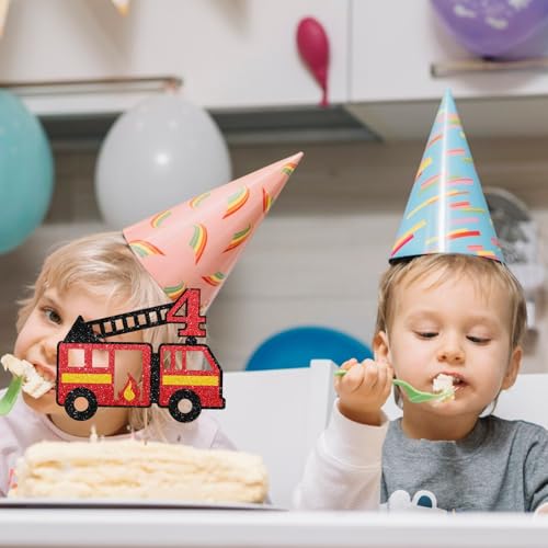 Fire Truck 4th Birthday Cake Topper, Little Fireman Four Cake Topper for Boys, Fire Hydrant Truck Firefighter Fourth Birthday Cake Decor, Firetruck 4th Anniversary Decoration - Red Glitter by SUPERLUBY - Used condition - Image 5