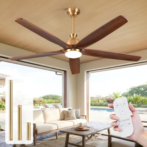 72 Inch Ceiling Fan with Lights, Gold Brass Finish, Solid Wood Blades, Outdoor Damp Rated for Patio Porch, High CFM Quiet DC Motor, Rustic Farmhouse Style for Large Living Room & Commercial Spaces