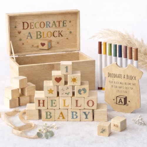 Nolia Baby Shower Blocks Decorating Game 48 Wooden Cubes to Decorate Storage Box 12 Acrylic Markers & Instruction Sign (Natural)