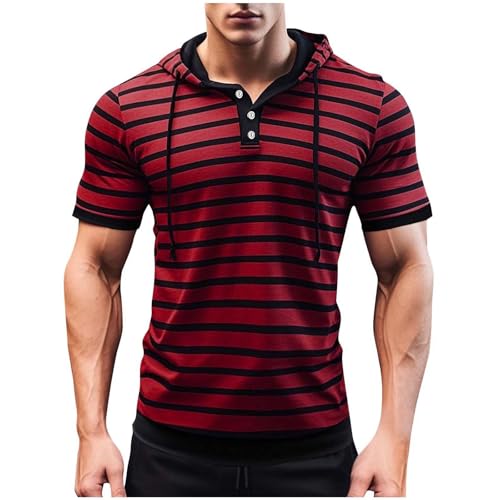 Xiaojmake Mens Short Sleeve Hoodie Striped Casual Drawstring Athletic Workout Fashion Pullover Button Up Hooded Henley Shirt