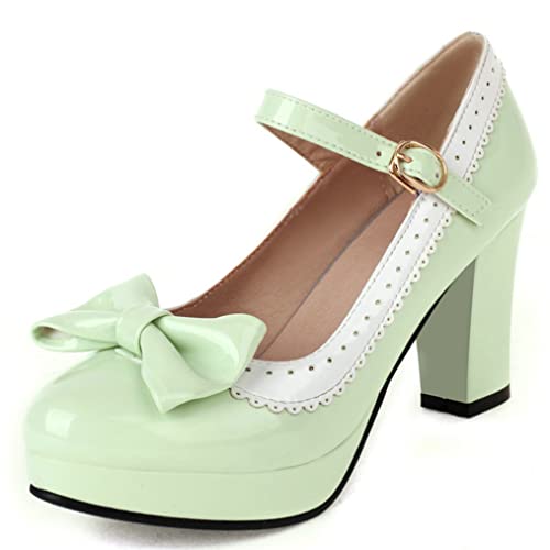 Meefit Womens Wingtip Mary Janes Patent Leather Rockabilly Shoes Platform Bow Block High Heels Vintage Lolita Pumps2