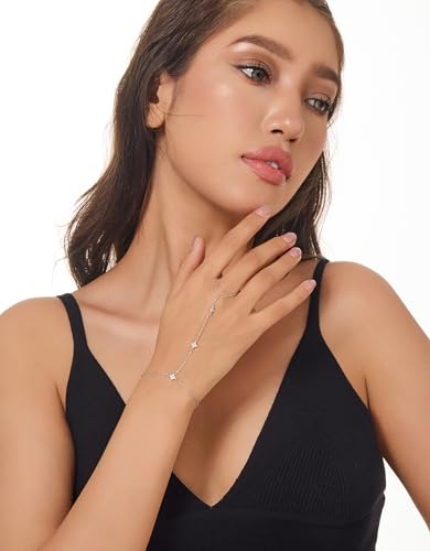 Gold Bracelets for Women 14K Gold Plated Hand Chain Bracelet Dainty Trendy Ring Chain Bracelet Charm Link Adjustable Cubic Zirconia Hand Bracelets Jewelry Gifts for Women
