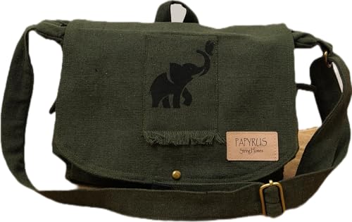 Image of Rough Canvas Cotton Messenger Sling Bag, (32x23x10cm, 7.5L) Medium Size. Patching with Elephant Design
