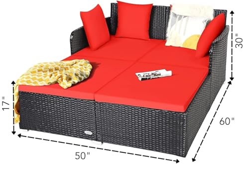 Image of BRISHI Outdoor /Pool Side /Garden /Balcony /Porch /Backyard /Terrace /Patio /Beach /Rectangular Sofa Sunbed Wicker and Rattan Daybed (Black /Red)