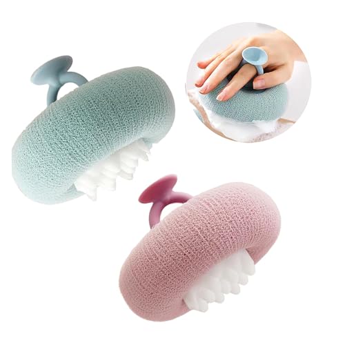 Super Soft Sunflower Suction Cup Bath Ball New Upgraded 2-in-1 Sunflower Ball Exfoliating Bath Sponge Cleaning Brush Mesh Shower Body Sponge Accessories for Women Men (Cyan+Purple)