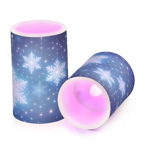 Image of Flickering Flameless Candles, Christmas Snowflakes Blue Background LED Candles with Remote Timer, Set of 2 Battery Operated Candle for Valentine Wedding Birthday