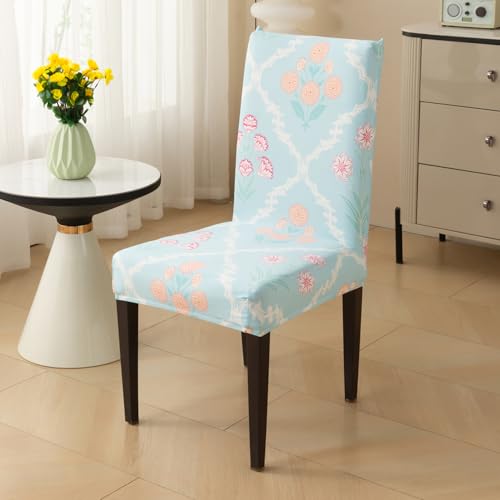 Image of House of Quirk Elastic Chair Cover Stretch Removable Washable Short Dining Chair Cover Protector Seat Slipcover (Pack of 1, Gulshan Sky)