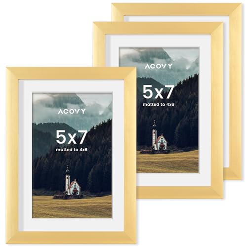 Acovy 5x7インチ写真フレーム、5x7フレームマット4x6、フォトフレーム5x7、高解像度プレキシガラス付き、5x7フォトフレーム壁&卓上ディスプレイ用(ゴールド、3パック)