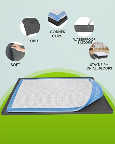 Image of TidyFriend Puppy Pad Holder Tray Fits for 11.5 inch x 17 inch Pee Pads with Corner Lock Holes, Raised Edges, Non-Spill, Easy to Clean Silicone Puppy Potty Tray Holder, For Indoor Floor Protection (Grey)