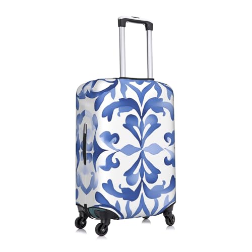 Retro Blue Tiles Flower Elastic Travel Luggage Cover, Washable Spandex Suitcase Protector, Anti-Scratch Fits 18-32 Inch3