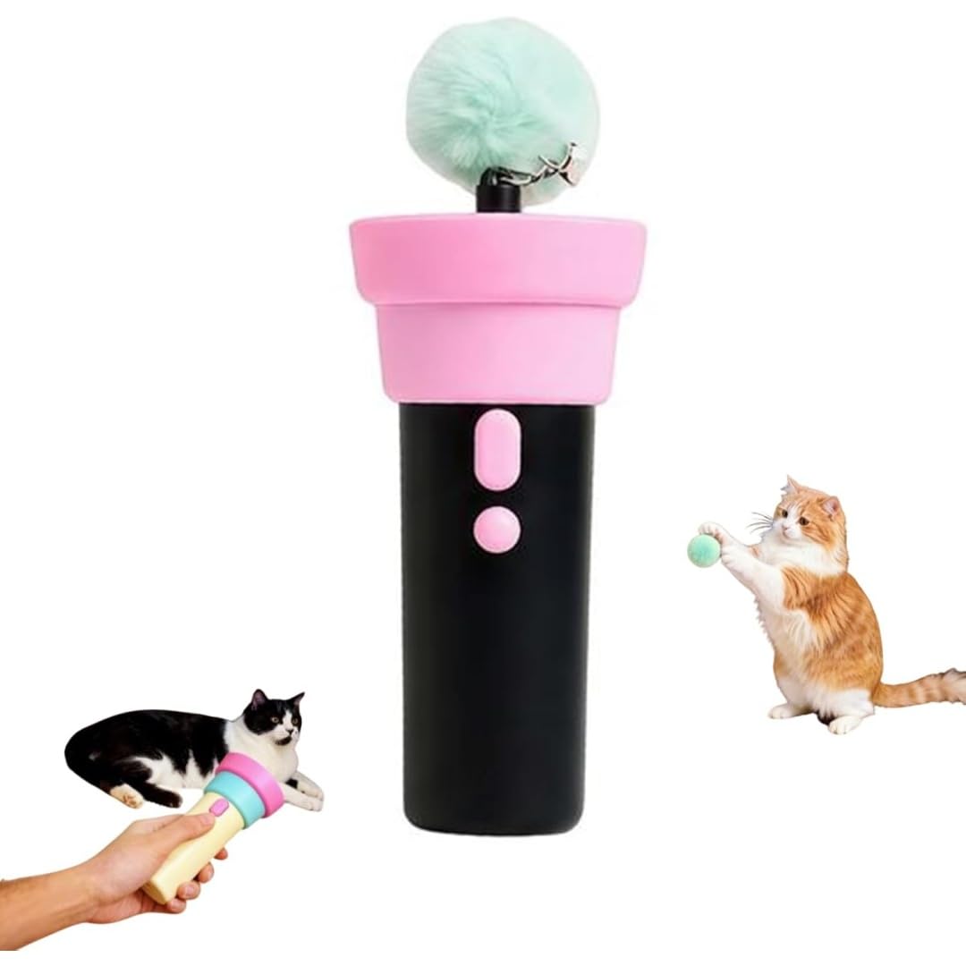 Générique Jouet Chat, Canne A Peche pour Chat avec Corde Telescopique, Jouet Interactif Electrique Lanceur De Balles pour Chats (Noir)