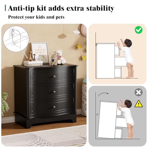 Image of 3 Drawers Dresser for Bedroom with Charging Station, 28 inch Wide Small Chests of Drawers, Farmhouse Wood Nightstand Bedside Cabinet End Table for Bedroom, Living Room, Closet, Black