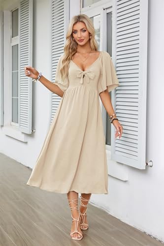 GOLDSTITCH Summer Dress for Women 2025 Casual Short Sleeve Bow Tie V Neck Smocked High Waist A-Line Flowy Midi Dress2