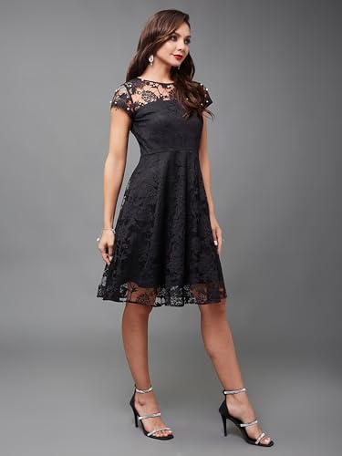 Image of Miss Chase Women's Round Neck Sleeveless Polyester Ruffled Knee- Length Dress