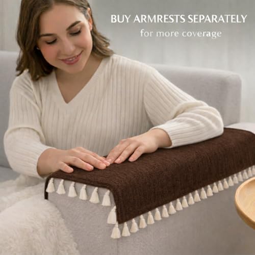 Image of STITCHNEST Brown Chenille Sofa Cover 70x30 Inch - Soft, Durable & Textured Fabric with Tassels | Sofa for Living Room, Bedroom, or Drawing Room14