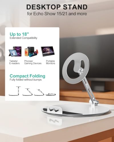 Image of WALI Echo Show 15 /21 Stand, Adjustable Stand for Echo Show 15 /21 and Up to 18 inch Tablets /Portable Monitors, 360 Degrees Rotating Tilt Foldable Show 15, 21 Accessories for Kitchen Home Office, Silver