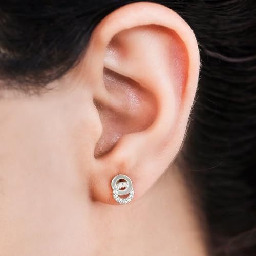 925 Silver CZ Gilded Circles Rhodium Stud Earrings