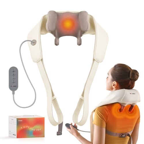 WOOMER Masajeador de cuello con calor para aliviar el dolor, tejido profundo, modos de vitalidad y relajación, 2 niveles de intensidad y calentamiento, para cuello, espalda, hombros, piernas, diseño
