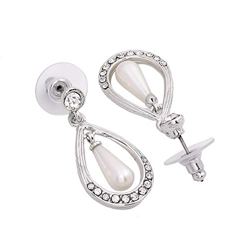 Image of Gehena by Estele Women's Rhodium tone Pearl Crytsal Frame Drop Earrings