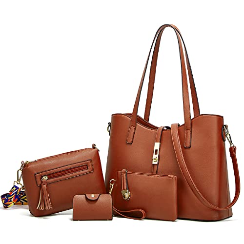 Women Fashion Handbags Wallet Tote Bag Shoulder Bag Top Handle Satchel Purse Set 4pcs (Brown-D)