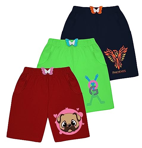 Image of KYDA KIDS Cotton Printed Pocket Bow Shorts for Girls - Regular Fit Girls Shorts with Elastic Waist Multicolored (Pack of 3)