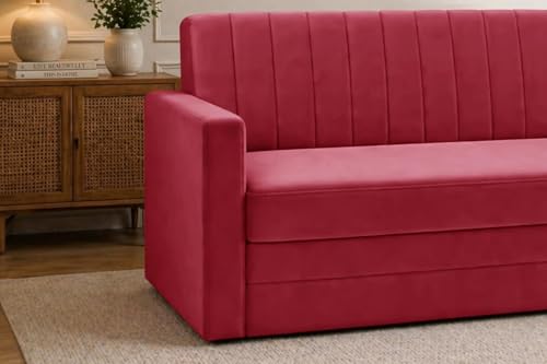 Image of Modern Velvet 3-Seater Sofa Cum Bed with Armrest, Convertible Sleeper Couch Sofa for Living Room, Bedroom & Office - Red Color