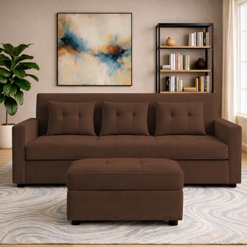 Image of Emilio 3 Seater with Ottomon Pull-Out Sofa Cum Bed (Brown Color) Premium Fabric Sofa Set for Living Room | Bedroom