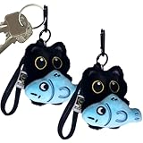 Schlüsselanhänger in Katzenform, 3D-Cartoon-Anhänger, Ornament, hält einen Fisch | schwarzer Schlüsselanhänger aus Plüsch, für Handtasche, Rucksack, Mädchen, Frauen