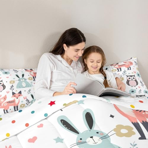 Image of Feelyou Fox Rabbit Owl Comforter Set Toddler Size, Cartoon Fox Comforter for Kids Toddler Cute Rabbit Comforter Set Toddler Size Tropical Kawaii Animal Duvet Set Durable Quilt Set