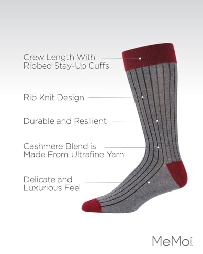 MeMoi Men's Rib Knit Luxuriously Soft Cashmere Crew Socks Dark Gray Heather 10-133