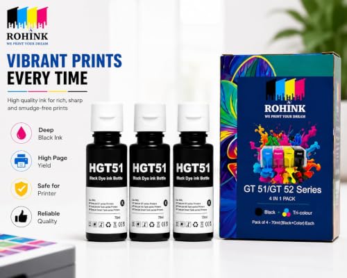 Image of ROHINK GT51 GT52 Ink Refill Dye Ink Compatible with HP Ink Tank 115, 310, 315, 319, 410, 415, 416, 419, 455, 500, 515, 530, 615, GT 5810, GT 5811, GT 5820 (70ML*3 Black)
