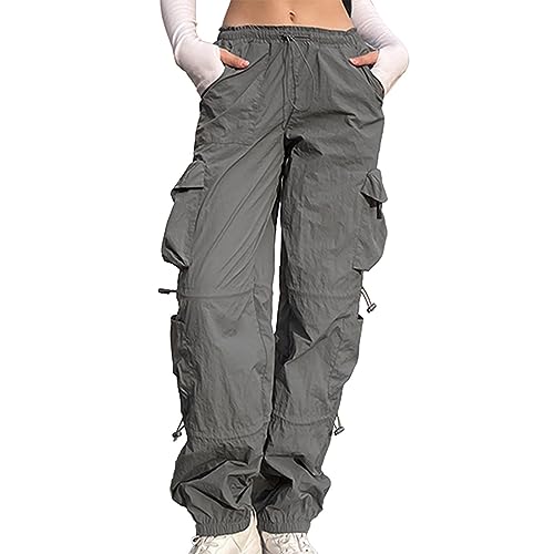 Baggy Parachute Pants for Women Drawstring Elastic Low Waist Cargo Pants Multiple Pockets Jogger Casual Pants